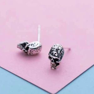 Etched Skull Stud Earrings 925 Sterling Silver